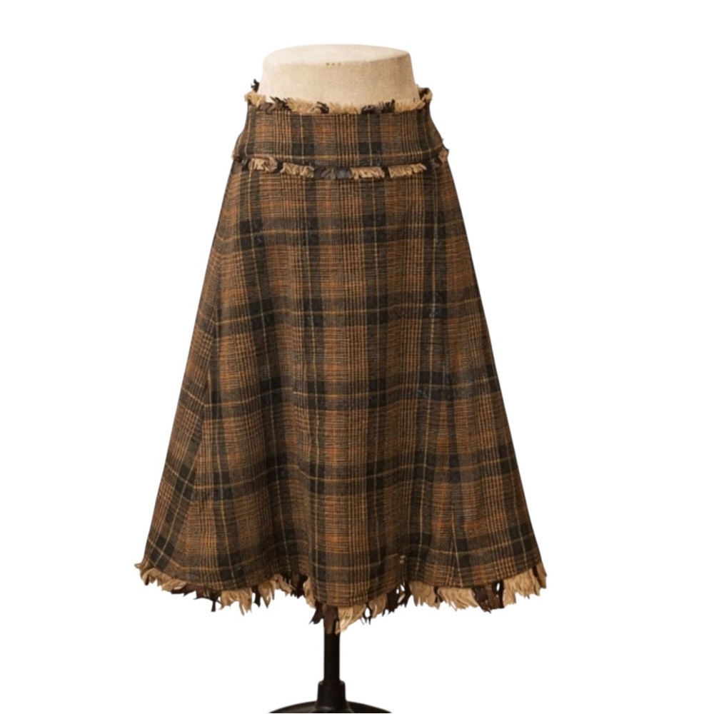 TORI BURCH Plaid Fringe Midi Skirt 8 Brown/Black $495 Retail EUC